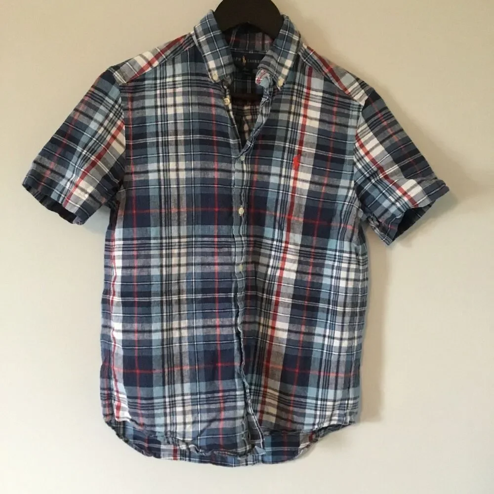 Ralph Lauren Kids Button Down Short Sleeve Blue/White/Red Plaid Shirt Size LG